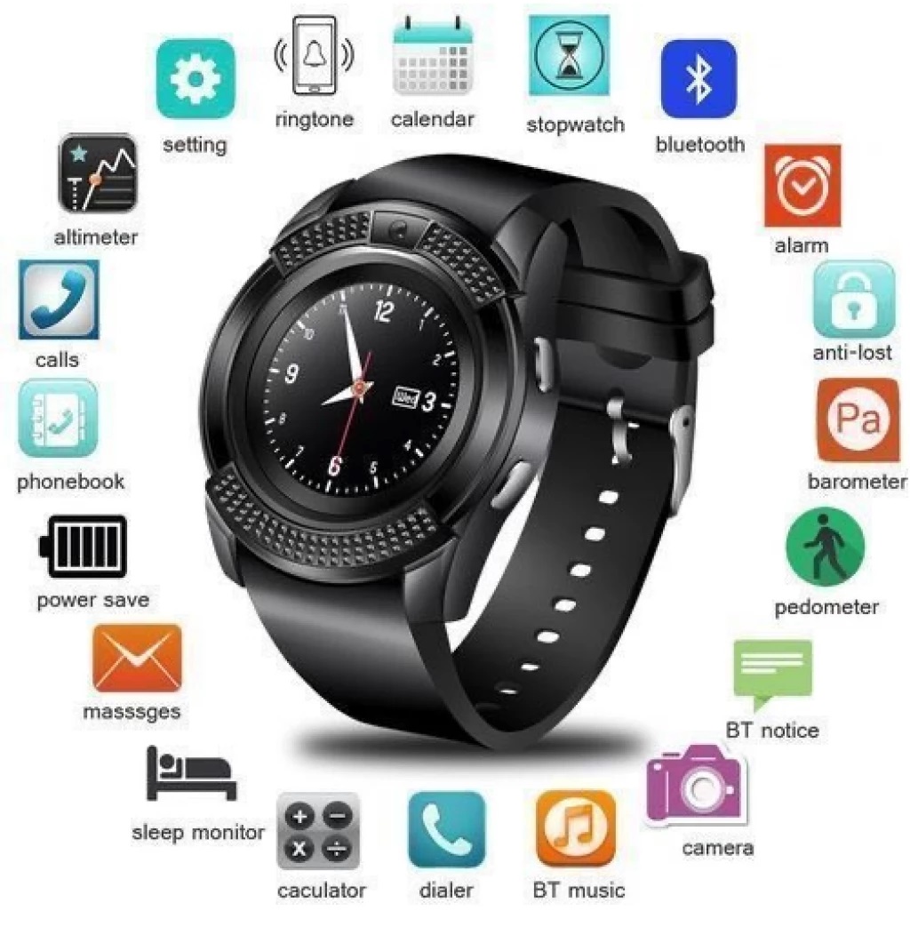 V8 Round Screen Bluetooth Smart Watch With Sim Toolkit – Black