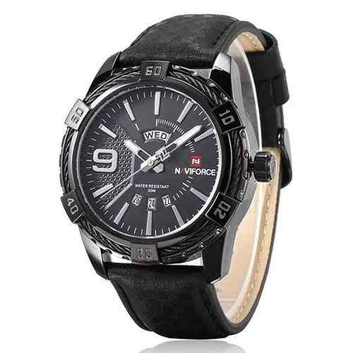 Naviforce Luxury Leather Strapped Mens Analog Watch – Black