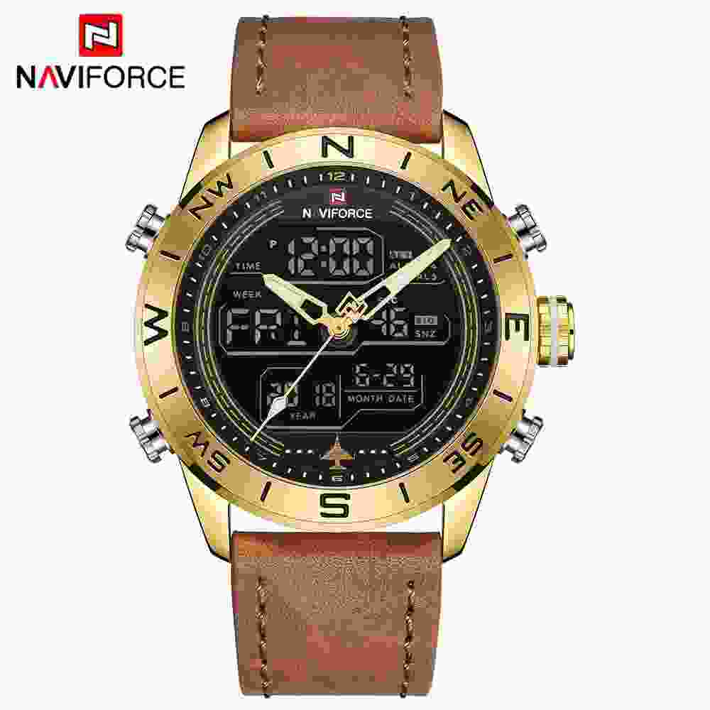 Naviforce digital and analog watch for men with genuine Leather brown straps 