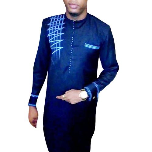 Generic Men’s Fitting Long Sleeved African Design Shirt – Dark Blue