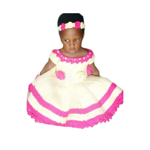 Set of Baby Girl’s Crotche Dress And Hair Ban – Cream, Pink	