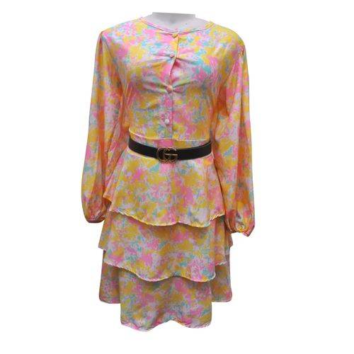 Agelex DLargge Floral Long Sleeved 3-Tier Dress With Belt – Multicolor