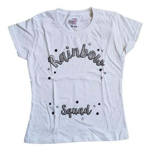 Fruit Of The Loom Girls Glitter “Rainbow Squad” Short Sleeve T-Shirt – White	
