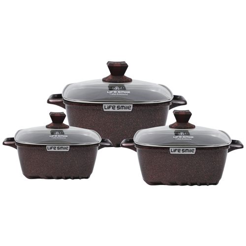 Life Smile 3 Pieces Of Square Non-stick Serving/Saucepans/Cookware,Maroon.