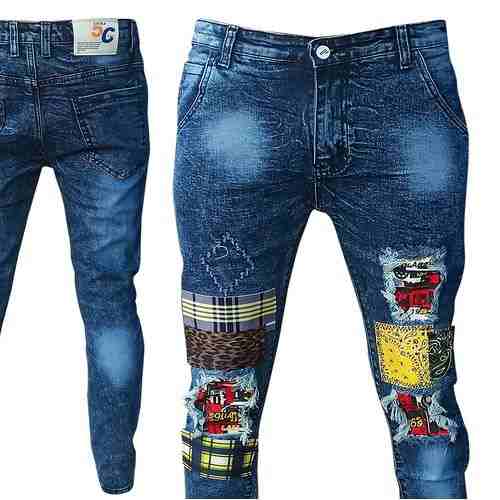 New Faded, Patched And Damaged Tight Fit Men’s Jeans – Blue