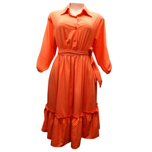 Other Long Sleeved Button and Collar Plain Belt Dress – Orange