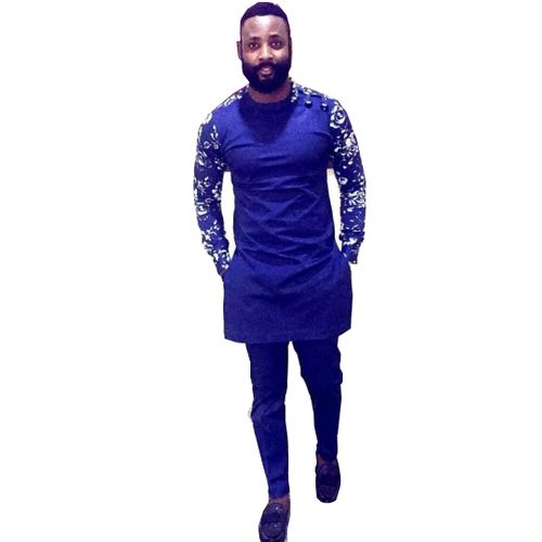 Generic African Print Long Sleeve Shirt with a trouser – Blue
