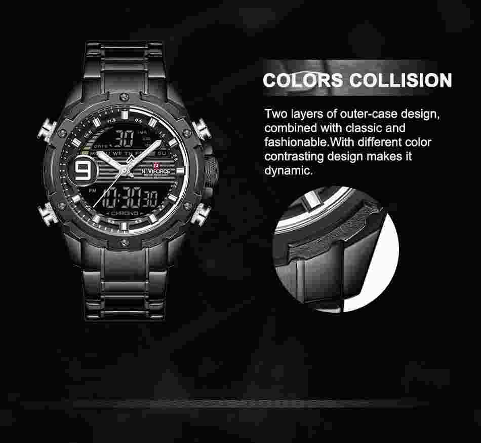 NaviForce NF9146 Double Time Digital Analog Stainless Steel Watch – Black