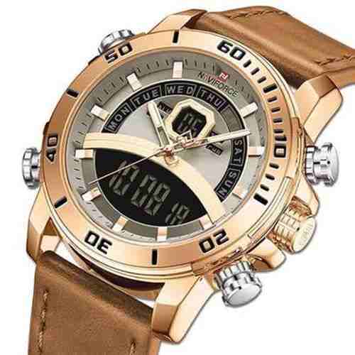 Naviforce Luxury Digital And Analog Mens Leather Strapped Water Proof Watch – Rose Gold