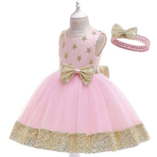 Generic Kids Dress With Head Band, Pink and Gold	