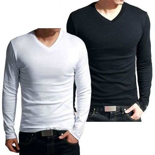 Designer 2 Pack Of Men’s V-Neck Long Sleeved T- Shirts – Black,White